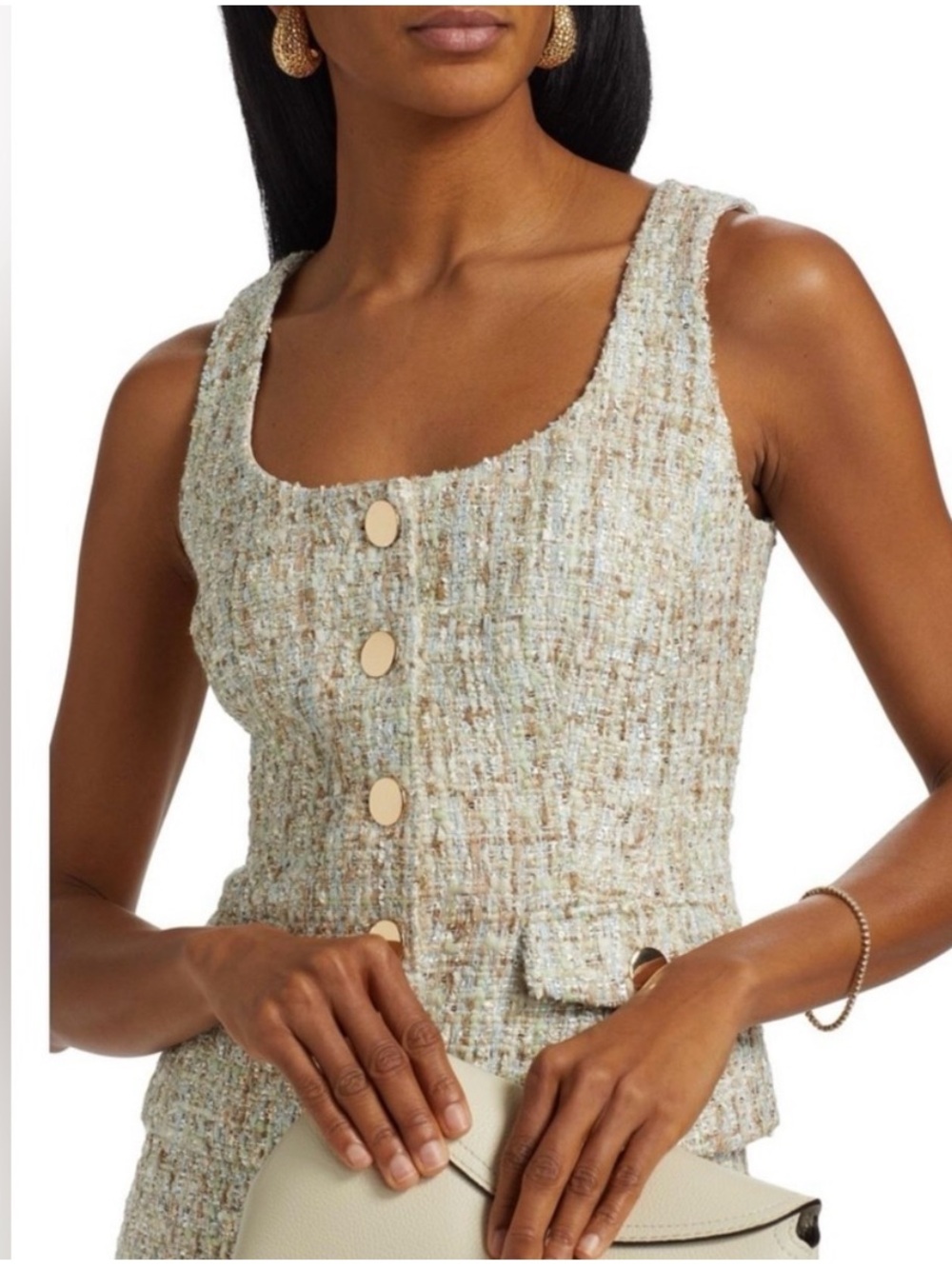 NEW TOCCIN  Tailored Tweed Top Vest Ice Blue Neutral Subtle Metallic Threads